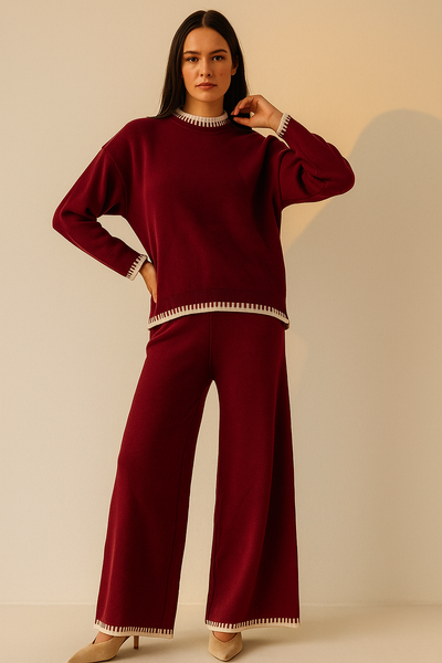 Two-Piece Knit Lounge Set with Contrast Trim