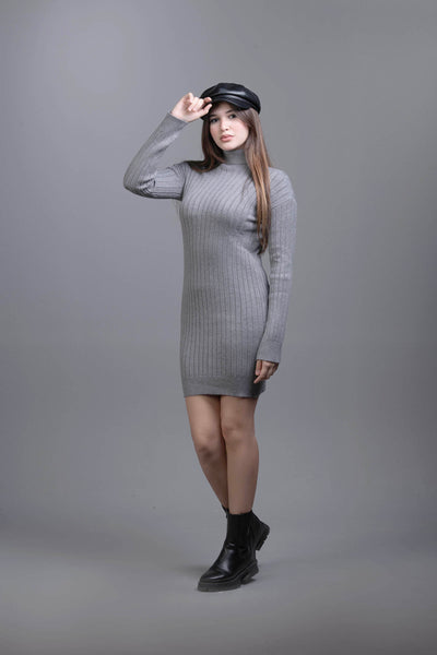 Basic Wear Club | Dress | Cotton |High Neck | Gray Knit Mini Dress