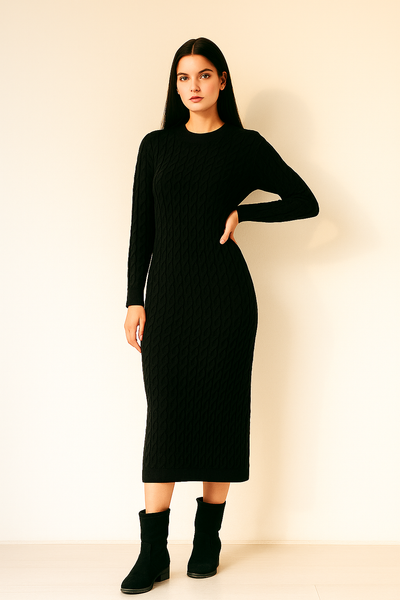 Black Cozy Cable Knit Bodycon Dress