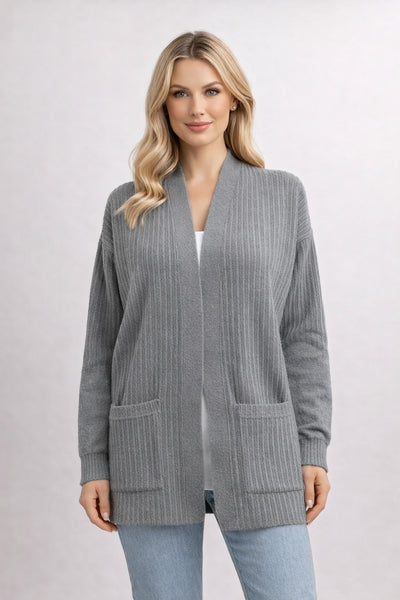 Ribbed Knit Long Cardigan – Open Front with Patch Pockets