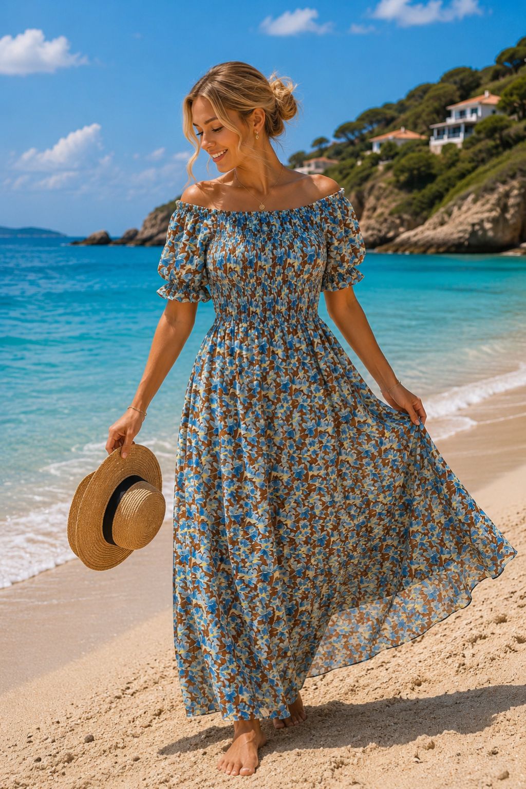 Basic Wear Club | Floral Rayon Cotton Short Sleeves Maxi Dress | Summer Beach Dress for Women