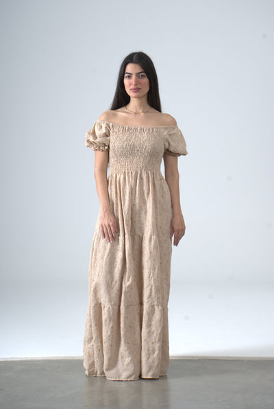 Thick Embroidered Cotton Short Sleeves Maxi Dress
