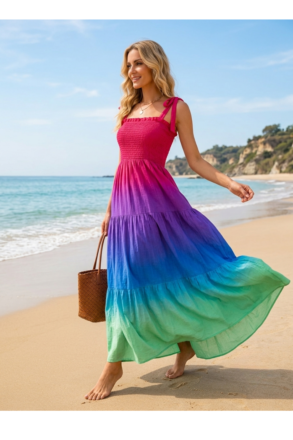 Basic Wear Club | Women's Tie-Strap Tiered Beach Maxi Sundress | One Size (Fits Up to 85 KG)