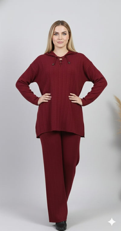 Ribbed Knit Lounge Set – Lace-Up Collar Top & Wide-Leg Pants