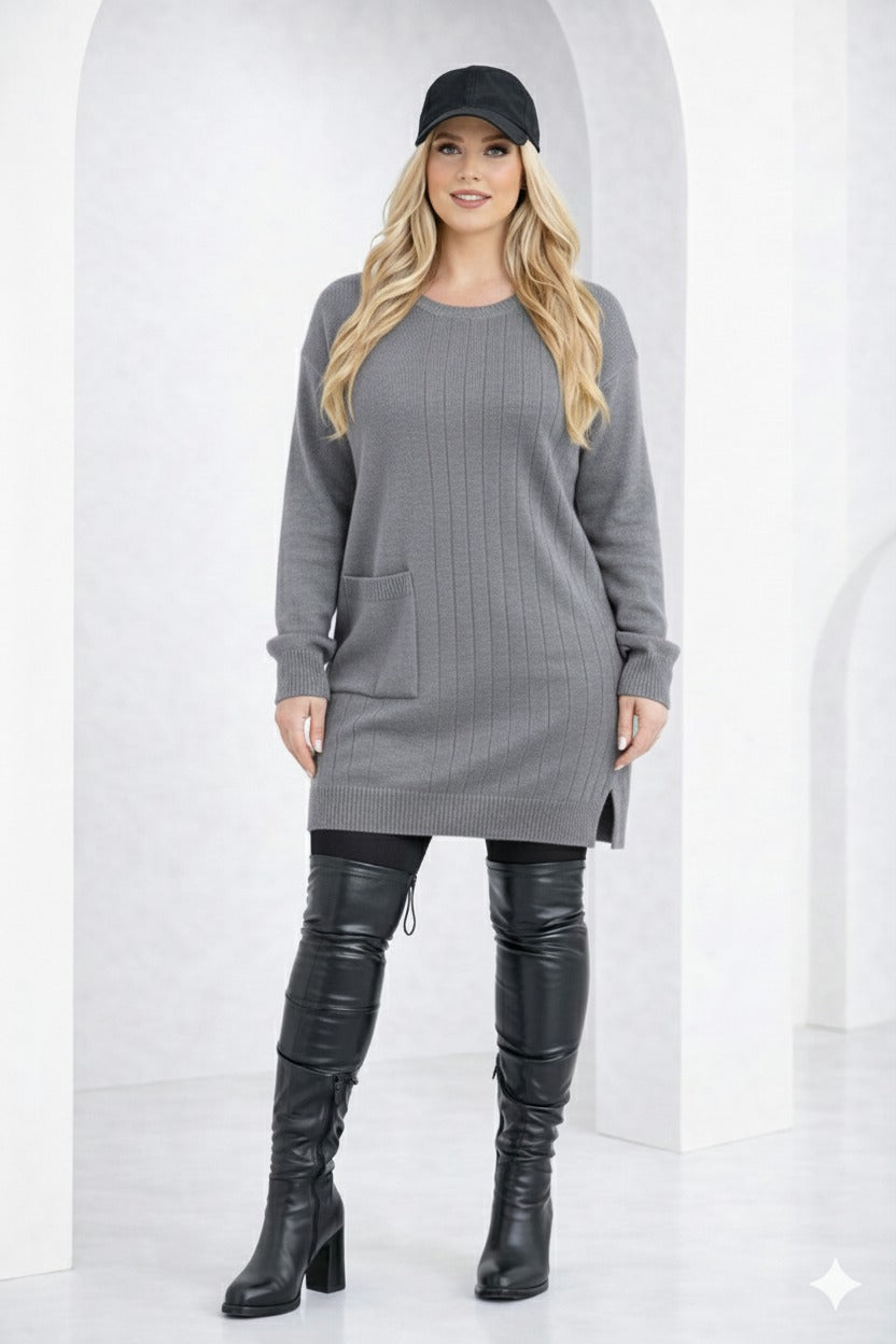 Women’s Knit Sweater Dress – Mock Neck, Long Sleeve, Front Pocket
