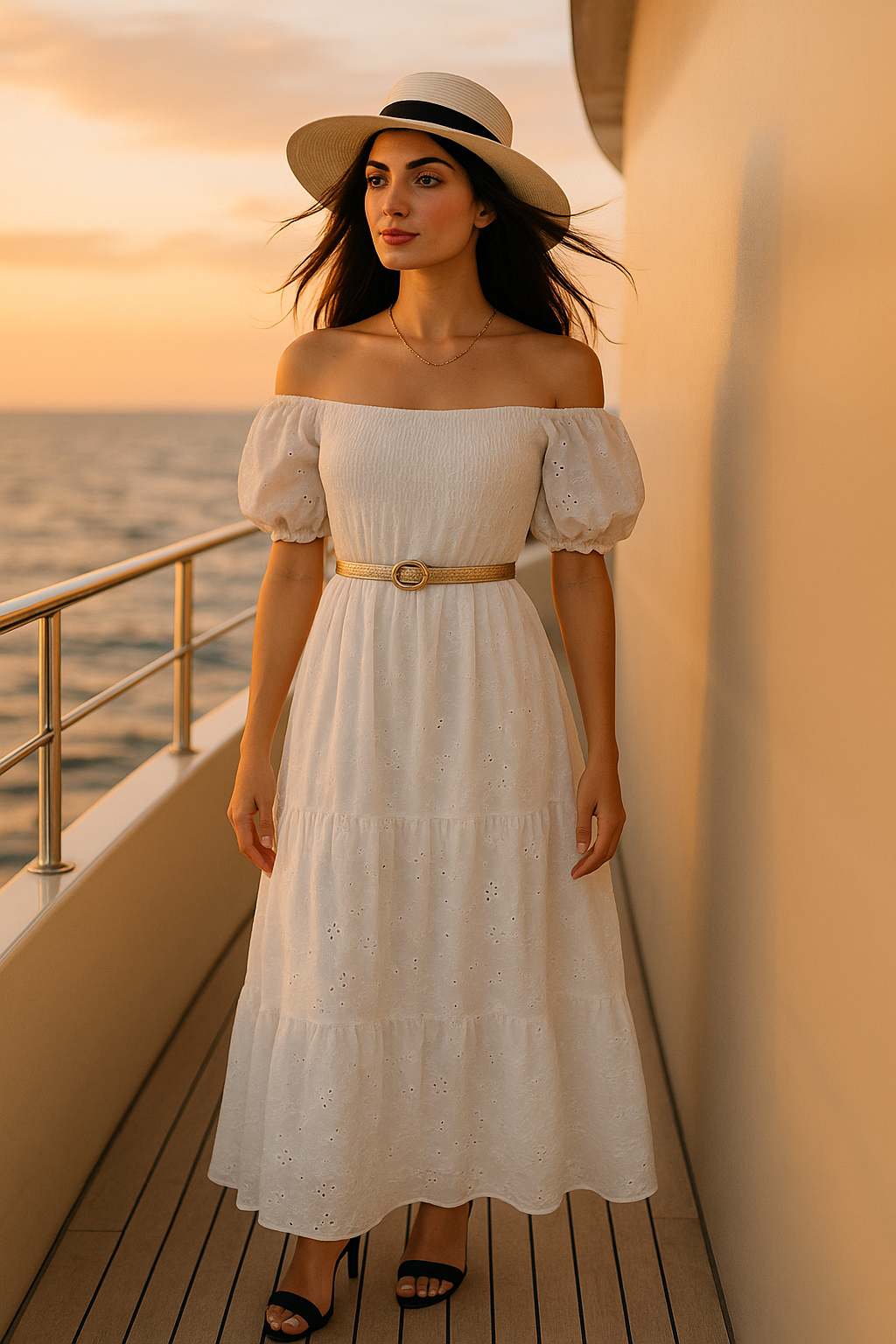 White Light Embroidered Cotton Short Sleeves Dress