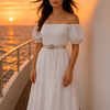 White Light Embroidered Cotton Short Sleeves Dress
