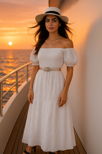 White Light Embroidered Cotton Short Sleeves Dress