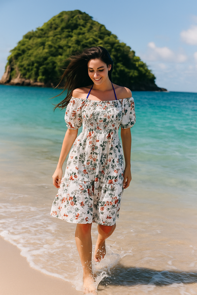 Mini Floral Short Sleeves Dress Rayon Cotton