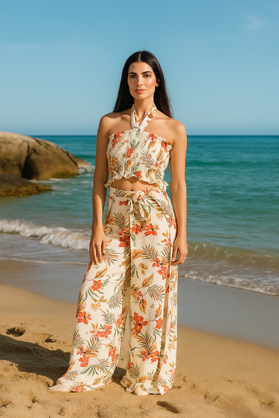 Floral Smocked Top & Wide-Leg Pants Set