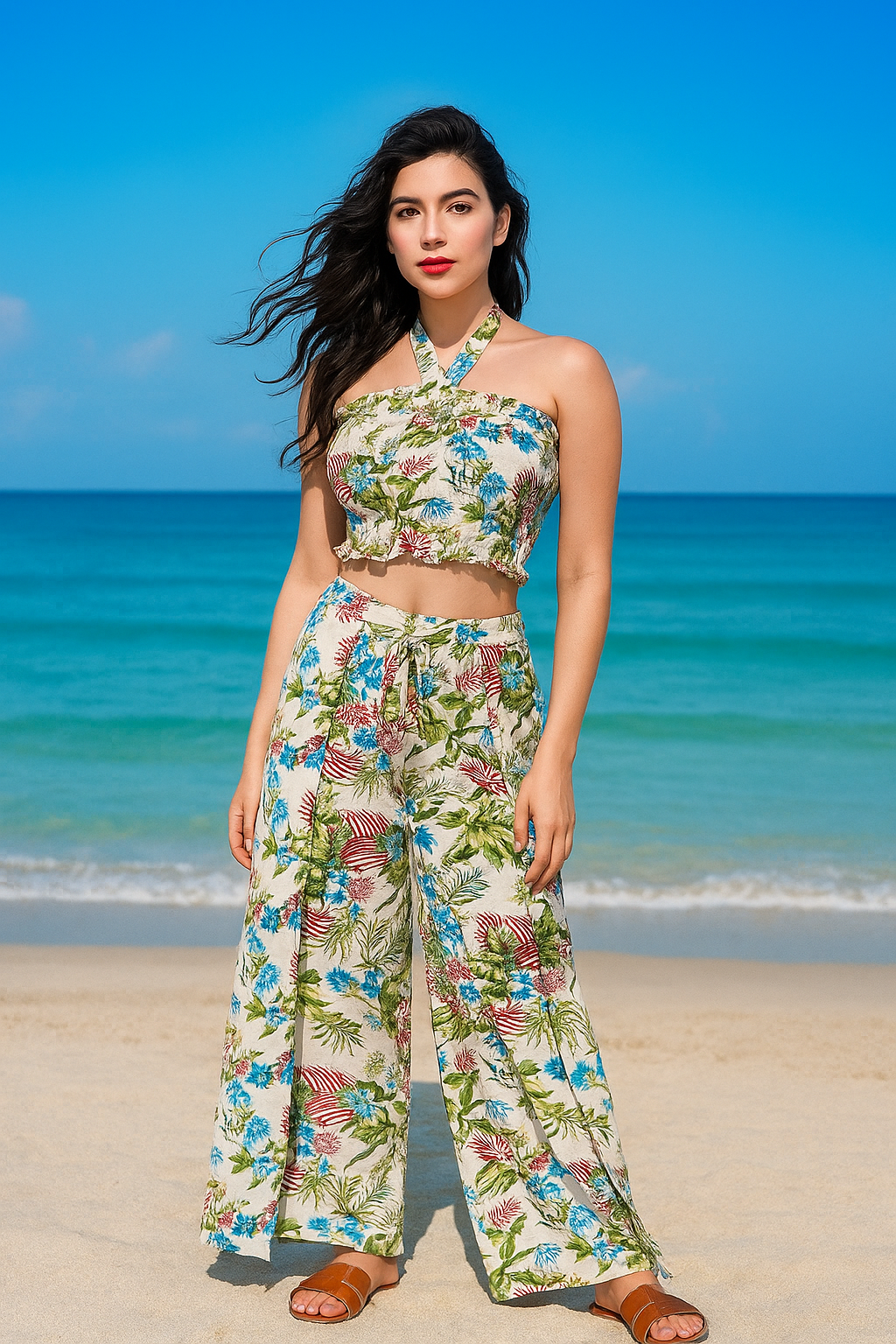 Floral Smocked Top & Wide-Leg Pants Set