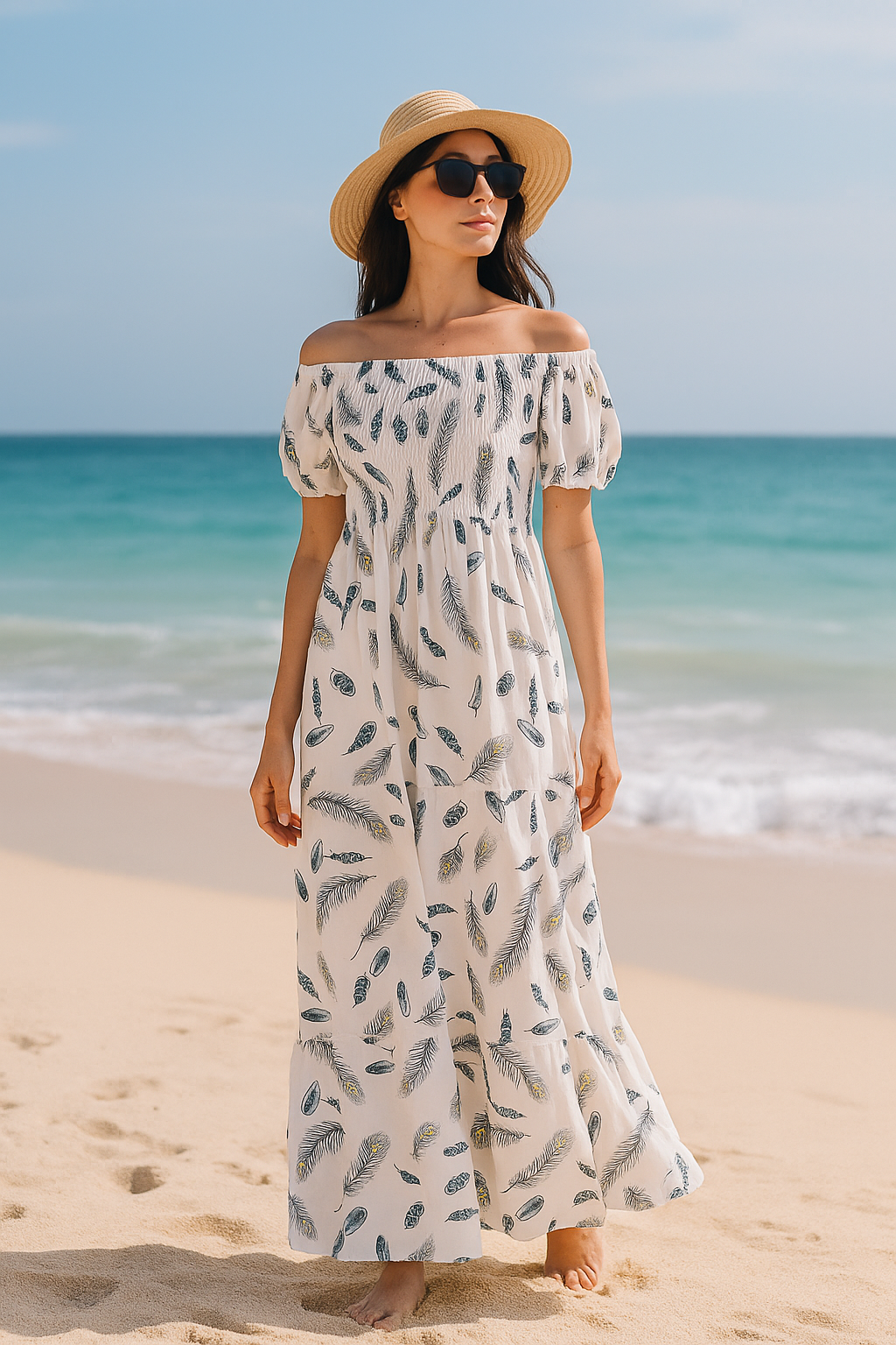 White Floral Short Sleeves Maxi Dress