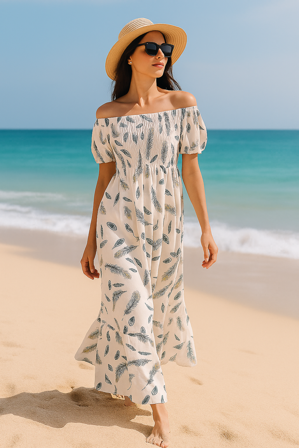 White Floral Short Sleeves Maxi Dress
