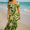 Blue Floral Short Sleeves Maxi Dress