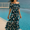 Blue Floral Short Sleeves Maxi Dress