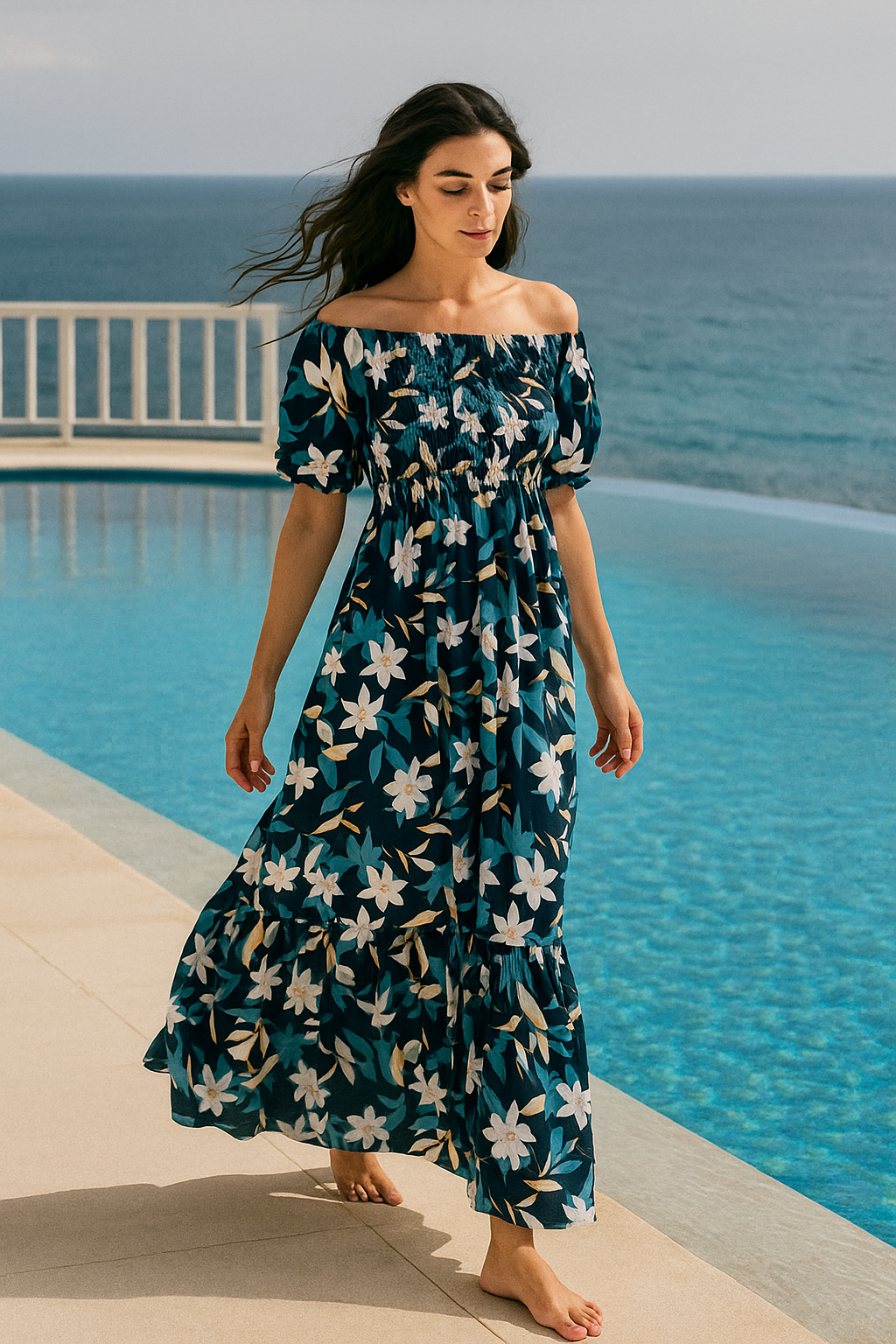 Blue Floral Short Sleeves Maxi Dress