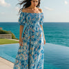 Blue Floral Short Sleeves Maxi Dress