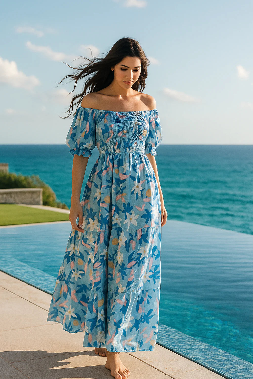 Blue Floral Short Sleeves Maxi Dress