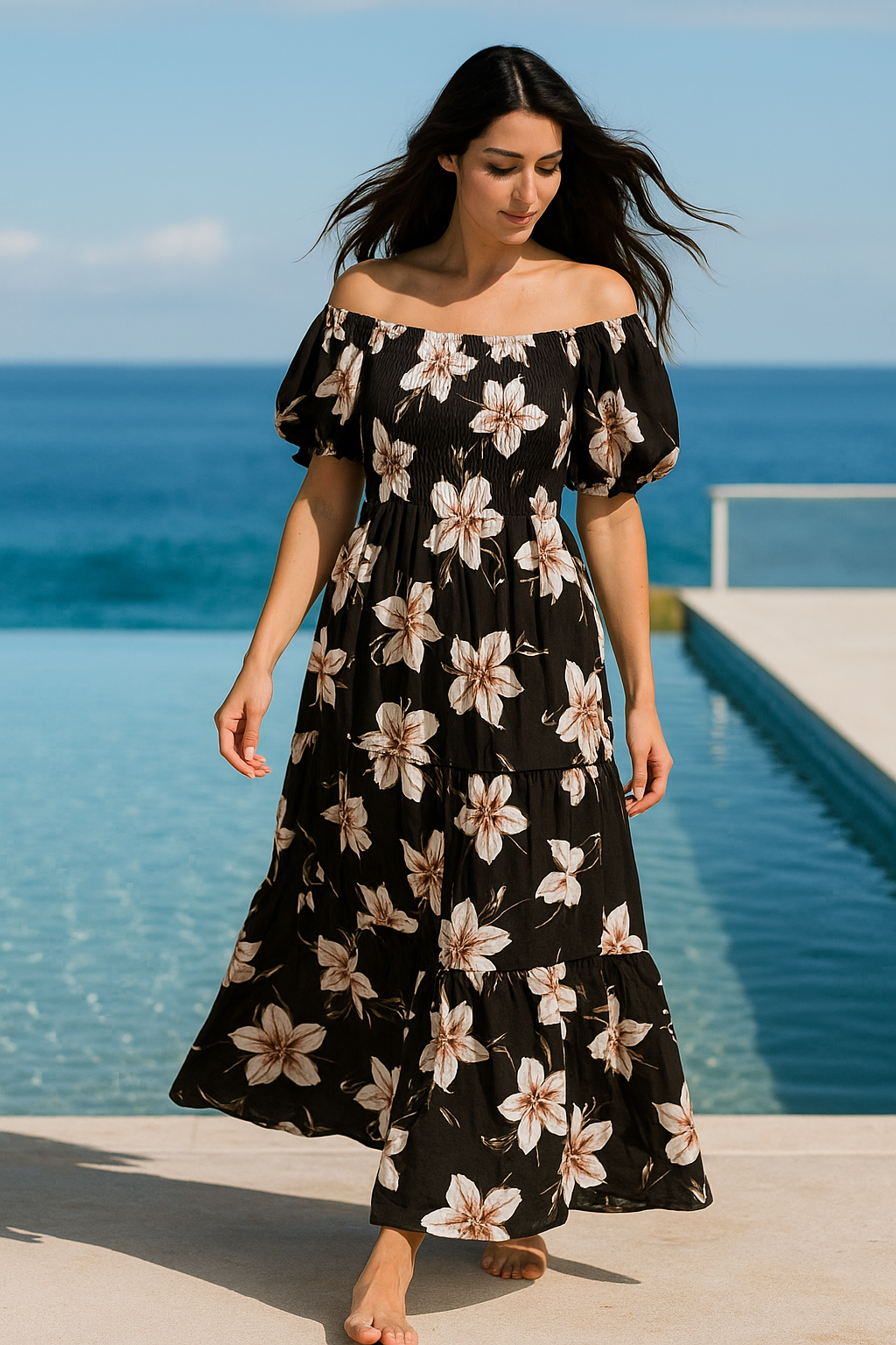 Black Floral Short Sleeves Maxi Dress