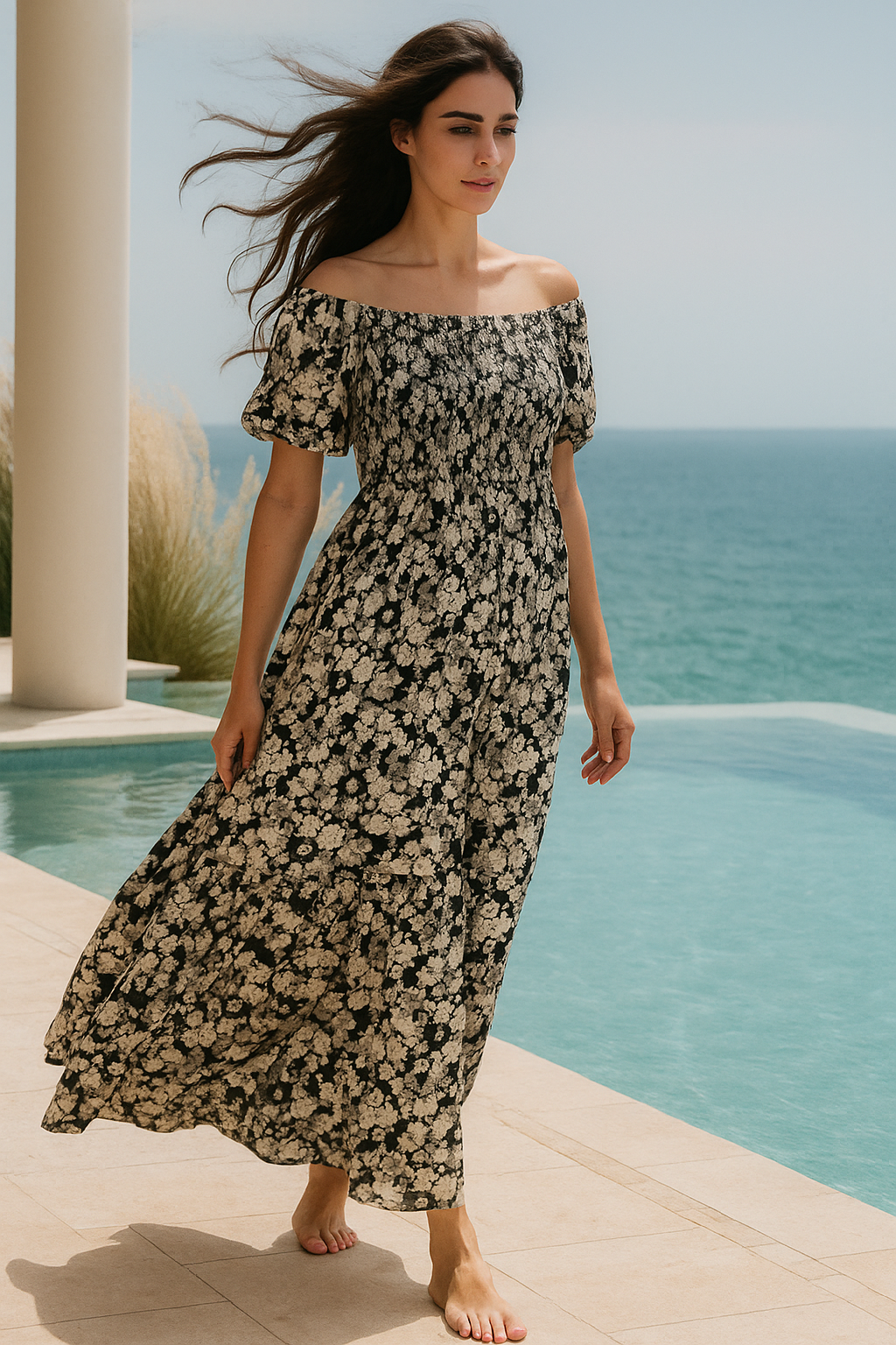 Black Floral Short Sleeves Maxi Dress