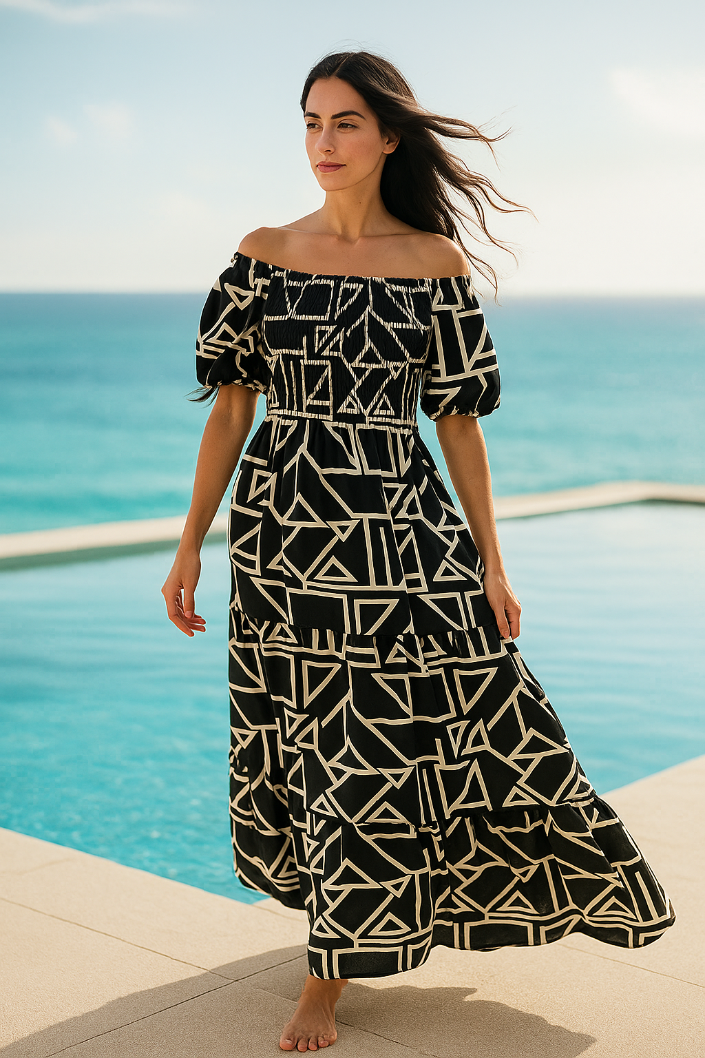 Black Floral Short Sleeves Maxi Dress