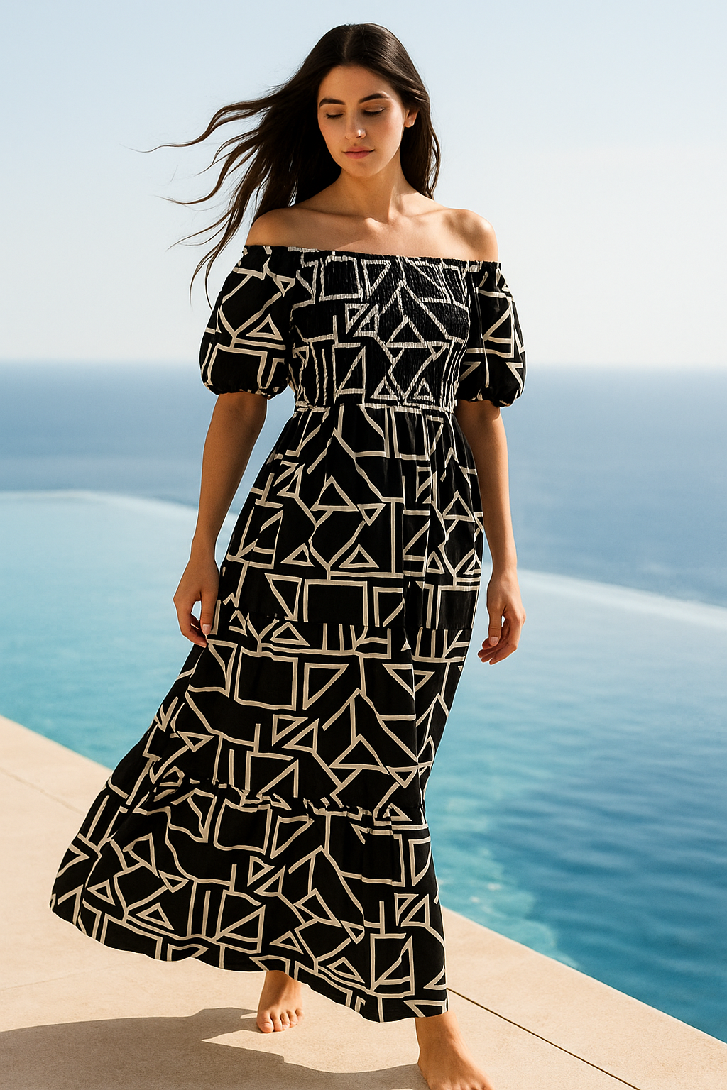 Black Floral Short Sleeves Maxi Dress
