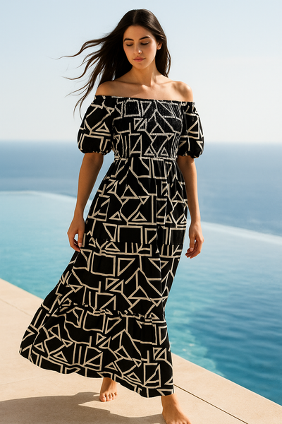 Black Floral Short Sleeves Maxi Dress