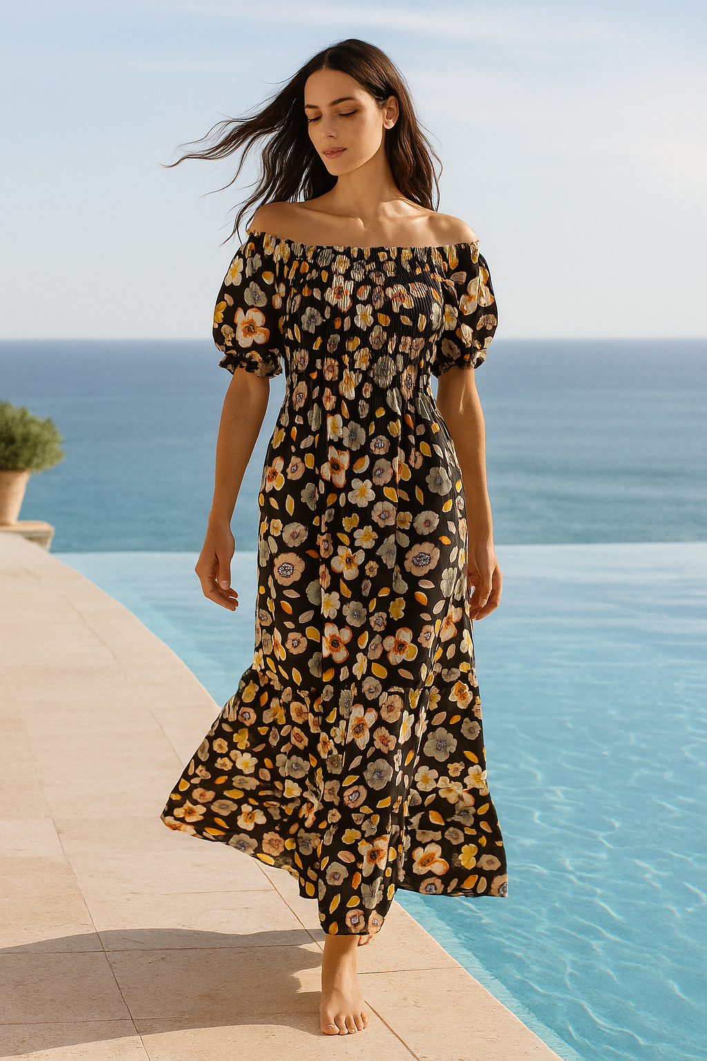 Black Floral Short Sleeves Maxi Dress