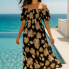 Black Floral Short Sleeves Maxi Dress