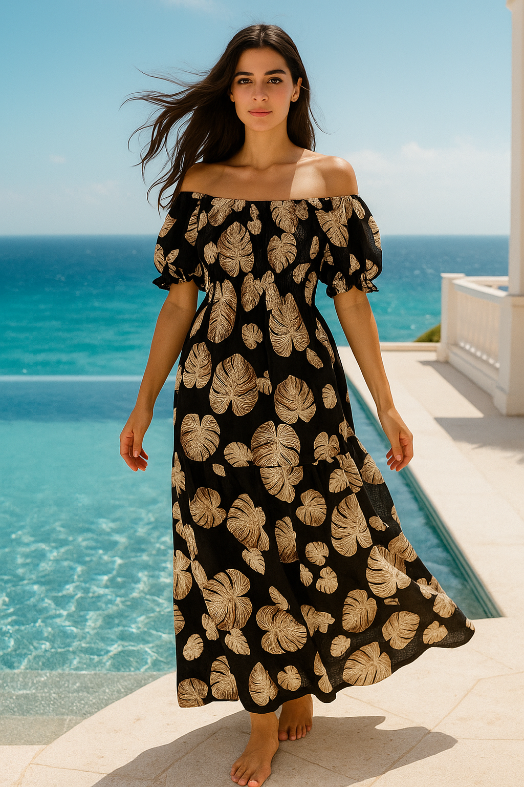 Black Floral Short Sleeves Maxi Dress