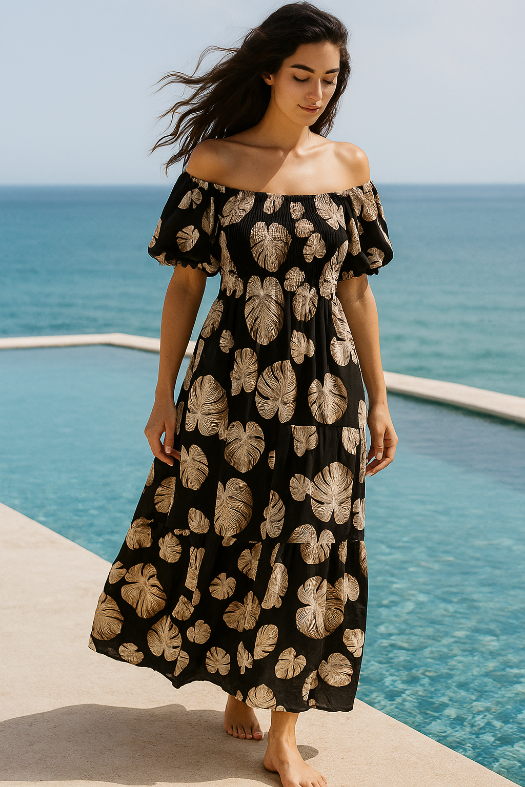 Black Floral Short Sleeves Maxi Dress