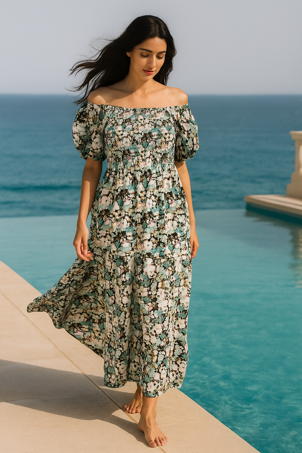 Black Floral Short Sleeves Maxi Dress