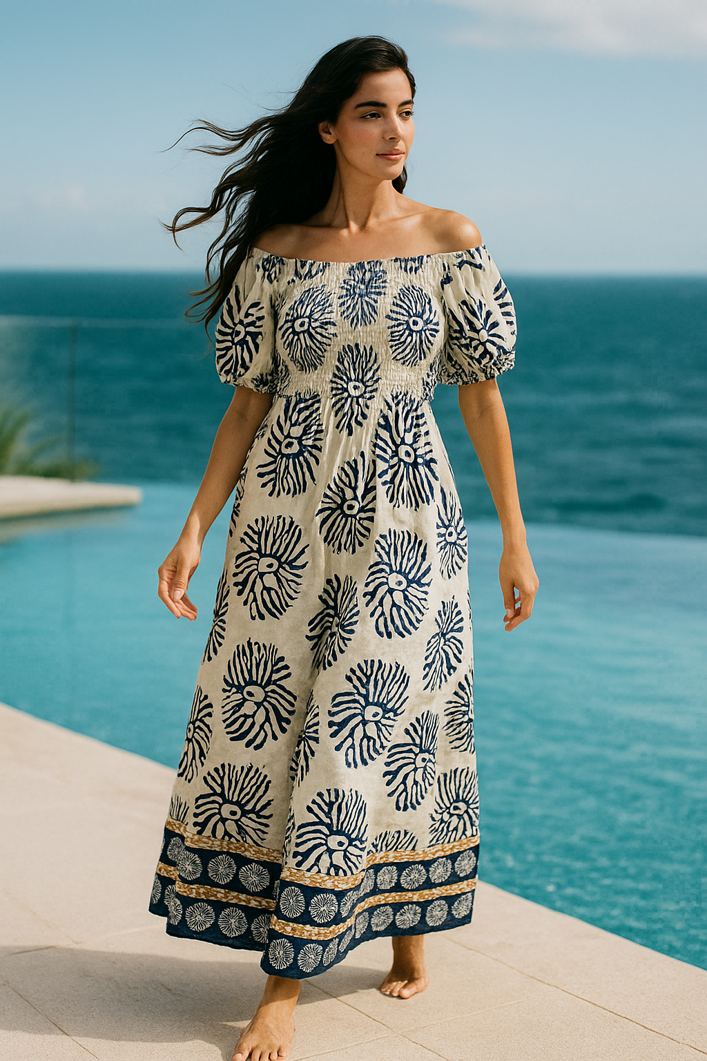 White Floral Short Sleeves Maxi Dress