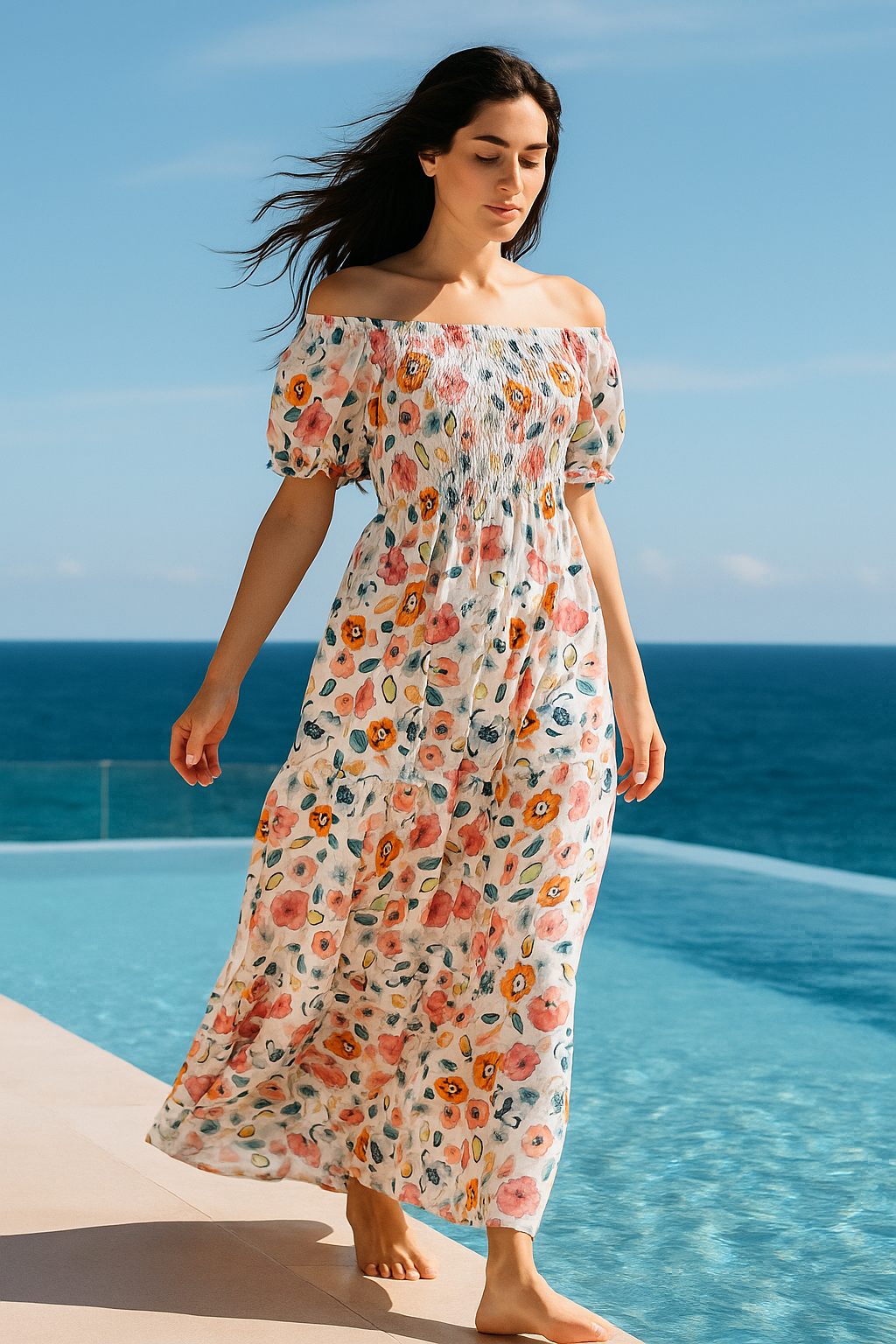 White Floral Short Sleeves Maxi Dress