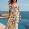 White Floral Short Sleeves Maxi Dress