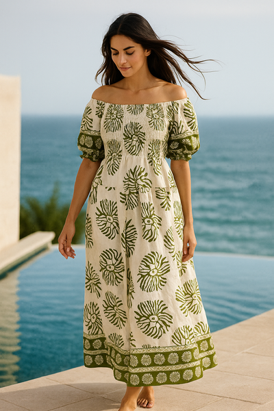 White Floral Short Sleeves Maxi Dress