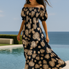 Blue Floral Short Sleeves Maxi Dress