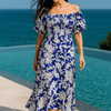 Blue Floral Short Sleeves Maxi Dress