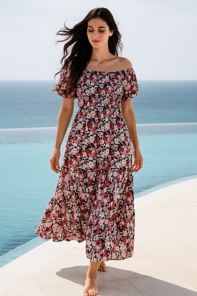 Floral Short Sleeves Maxi Dress