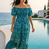 Blue Floral Short Sleeves Maxi Dress