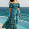 Blue Floral Short Sleeves Maxi Dress