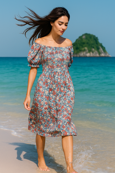 Mini Floral Short Sleeves Dress Rayon Cotton