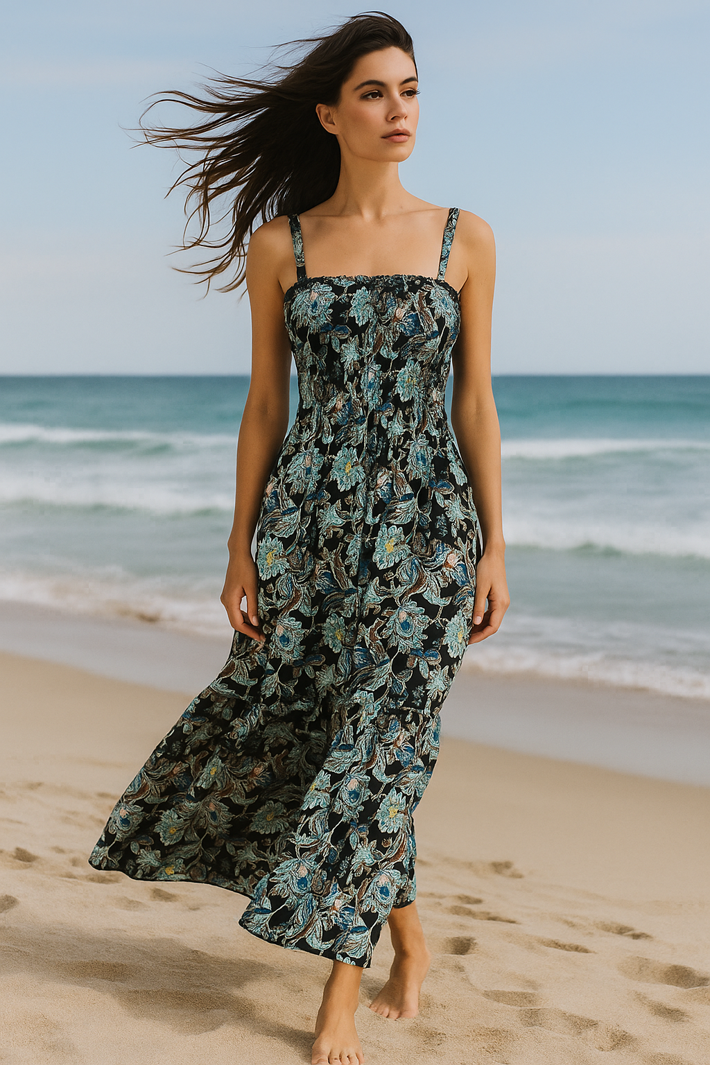 Dark Flory Rayon Cotton Sleeveless Maxi Dress