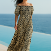 Blue Floral Short Sleeves Maxi Dress