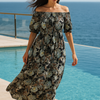 Blue Floral Short Sleeves Maxi Dress