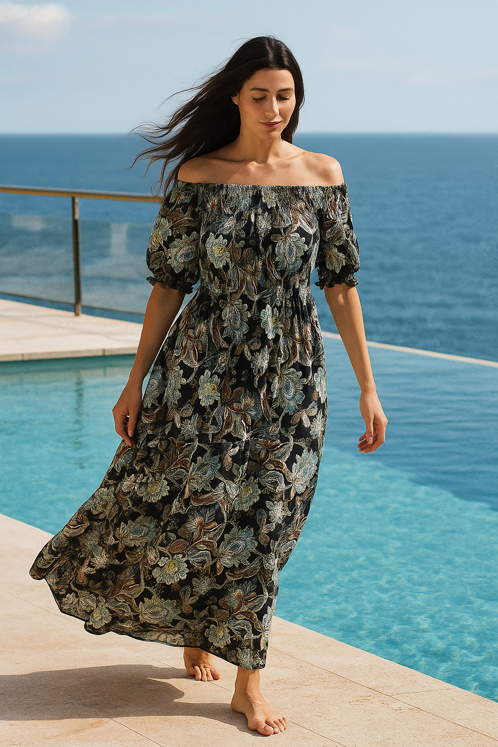 Blue Floral Short Sleeves Maxi Dress