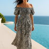 Blue Floral Short Sleeves Maxi Dress