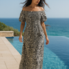 Blue Floral Short Sleeves Maxi Dress