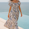 Blue Floral Short Sleeves Maxi Dress