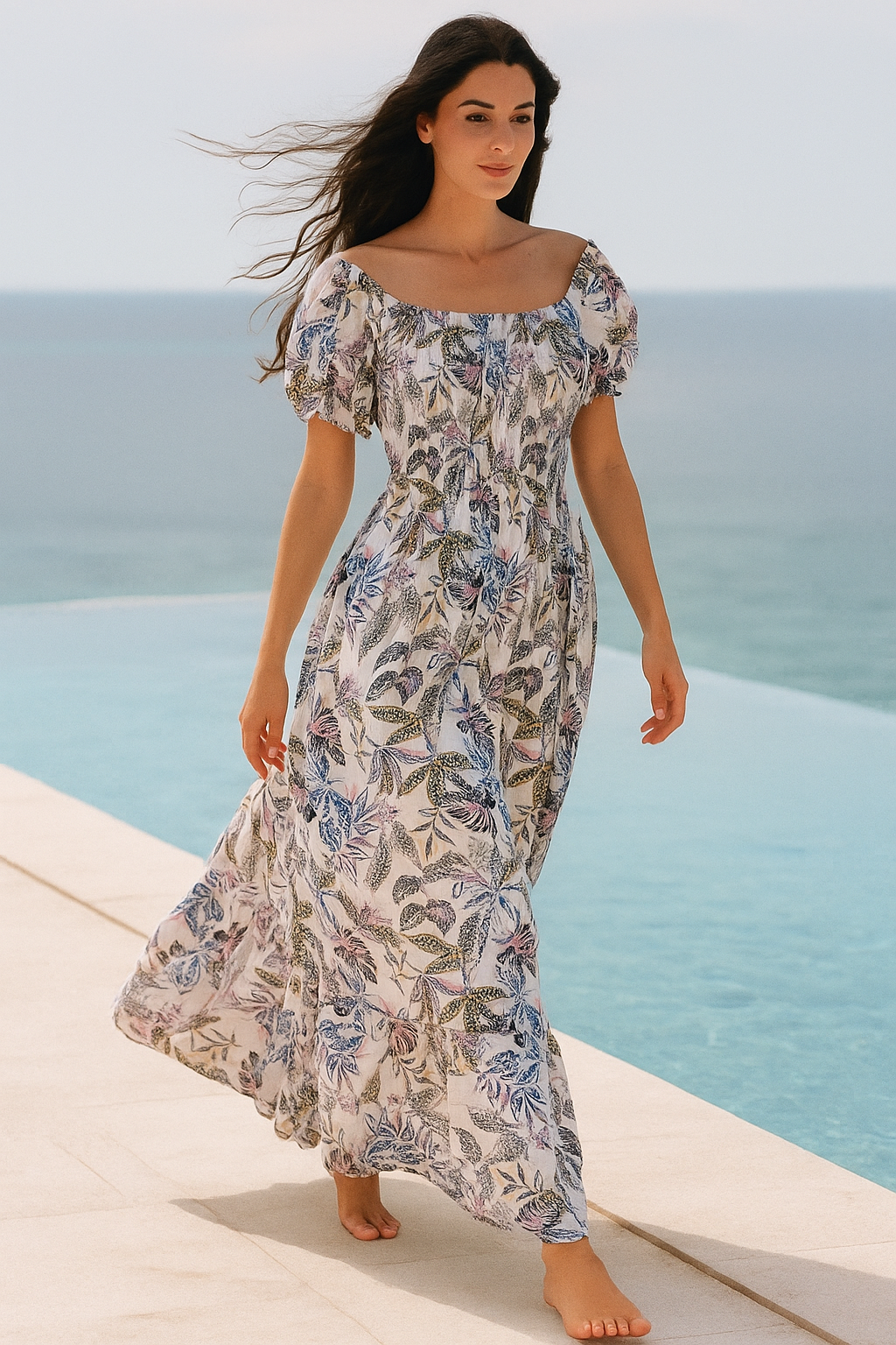 Blue Floral Short Sleeves Maxi Dress